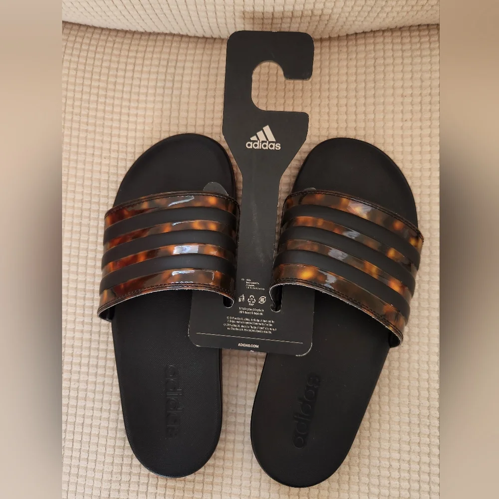Adidas Black Slides with Tortoiseshell Straps - Picture 1 of 4